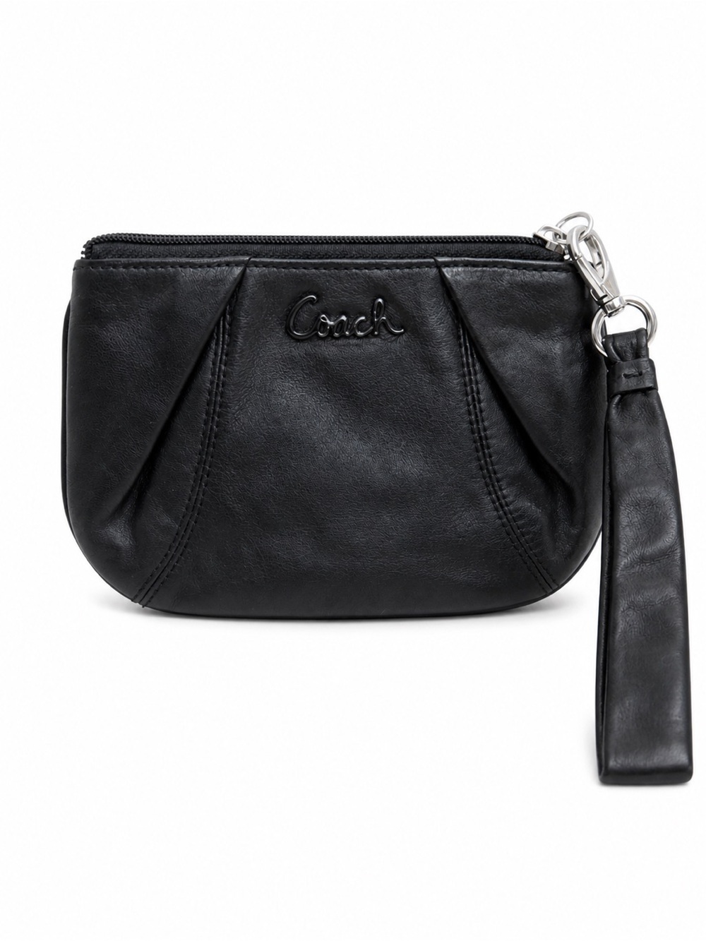 Coach Madison Black Leather Large Pleated Wristlet Script Logo Zip Bag